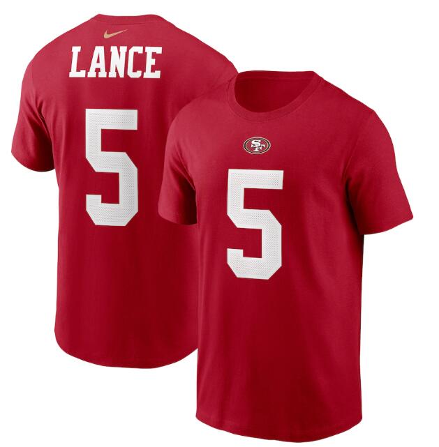 Men's San Francisco 49ers #5 Trey Lance 2021 Scarlet NFL Draft First Round Pick Player Name & Number T-Shirt Men's San Francisco 49ers #5 Trey Lance 2021 Scarlet NFL Draft First Round Pick Player Name & Number T-Shirt
